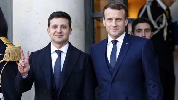 PARIS, FRANCE - DECEMBER 09: French President Emmanuel Macron welcomes Ukrainian President Volodymyr Zelensky as he arrives at the Elysee Presidential Palace to attend a summit on Ukraine on December 09, 2019 in Paris, France. This quadripartite summit in the so-called Normandy format is being held today in Paris to discuss the situation in Ukraine in the presence German Chancellor Angela Merkel, Ukrainian President Volodymyr Zelensky, French President Emmanuel Macron and Russian President Vladimir Putin. (Photo by Chesnot/Getty Images)
