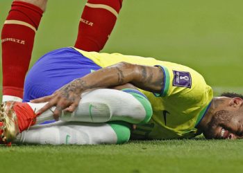 Brazil's Neymar grimaces during the second half of a World Cup Group G football match against Serbia at Lusail Stadium in Lusail, Qatar, on Nov. 24, 2022. (Photo by Kyodo News via Getty Images)